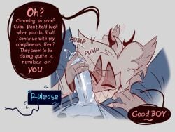 2boys alastor_(hazbin_hotel) animal_ears antlers big_penis blush blush_lines blushing craxkers cum english english_text gay grabbing_thighs hazbin_hotel jerking jerkingoff jerkingoff_another one_eye_closed penis praise praise_kink precum saliva saliva_on_penis sharp_teeth simple_background smile smiling speech_bubble vox_(hazbin_hotel) yaoi