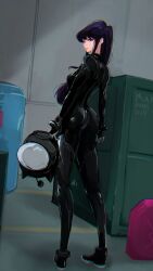 alternate_costume among_us among_us_black artist_request big_ass big_breasts black_hair black_helmet crewmate_(among_us) helmet impostor_(among_us) komi-san_wa_komyushou_desu komi_shouko latex long_hair looking_back the_skeld_(among_us)