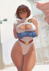ai ai_art ai_generated ben-day_dots blue_eyes brown_hair cleavage cleavage_cutout clothed dc_comics glasses gloves hands_crossed hanna-barbera highleg highleg_leotard looking_at_viewer power_girl_(cosplay) scooby-doo short_hair smile stable_diffusion superhero_costume velma_dinkley