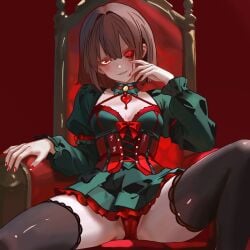 artlongon black_thighhighs bow brown_hair chara chara_(undertale) choker cleavage clothed corset crossed_legs dress evil_smile evil_smirk female female_chara frilled_dress glowing_eyes gothic_lolita green_dress hand_on_cheek heart_pendant leaning_back lolita_fashion looking_at_viewer medium_breasts on_throne panties red_bow red_eyes red_nails short_hair sitting smirk smug solo thighhighs throne undertale