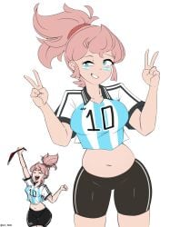 alternate_version_available argentina belly belly_button brawl_stars football_uniform janet_(brawl_stars) owned_by_argentina pale_skin peace_sign pink_hair ponytail shorts smiling supercell white_background