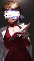 1girls absurdres armwear beautiful belly_button belly_button_visible_through_clothing big_breasts blood bloody_knife breasts brown_hair cameltoe censored_eyes cleaning_knife cleavage collar covered_navel crossed_out_eyes detached_sleeves dress female female_only genius glitch gloves hiding_face highres hips hips_wider_than_shoulders holding holding_knife holding_object honkai:_star_rail honkai_(series) huge_breasts jacket knife labcoat mommy navel polka_kakamond_(honkai:_star_rail) red_armwear red_collar red_dress red_gloves redacted short_hair simple_background solo tissue