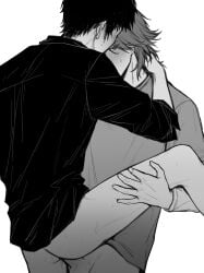 2boys anal anal_sex arm_around_neck ass ass_focus black_hair blush blush_lines bottomless gay gay_anal gay_sex holding_leg holding_leg_up kamen_rider kamen_rider_ryuki_(series) looking_away male male/male male_focus male_only monochrome neck_length_hair penis penis_in_ass ren_akiyama shinji_kido short_hair shy shy_male standing standing_on_one_leg standing_sex sweat sweatdrop sweating yaoi