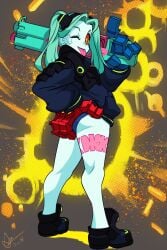 1girls alex_ahad alternate_version_available ass blue_hair clothed coat cyberpunk:_edgerunners full_body gauntlets gun hand_on_ass jacket oversized_clothes panties petite petite_female rebecca_(edgerunners) red_eyes shotgun studio_trigger tattoo teasing_viewer tongue tongue_out twintails watermark wink winking_at_viewer
