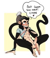 2015 abs anthro balls black_fur black_hair blush bottomless bran clothed clothing cock_ring dialogue ear_piercing english_text erection fur green_eyes hair haplorhine hat heart hi_res humanoid_penis inviting male male_only mammal mitarashi monkey monkey_boy monkey_feet penis piercing prehensile_feet primate shirt simple_background solo spider_monkey text white_background