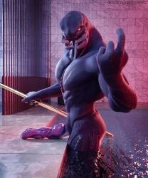 3d_(artwork) absurd_res alien beckoning blender_(artwork) digital_media_(artwork) erection garrot genitals gesture halo_(series) hi_res looking_at_viewer microsoft nude partially_submerged penis sangheili solo stormrider swimming_pool water xbox_game_studios