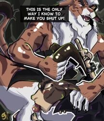 5_fingers absurd_res alternative_fashion angry angry_sex anthro balls beard bethesda_game_studios billy_(deadlock) biped bovid brown_body brown_fur caprine claws clothed clothed/nude clothed_anthro clothed_male clothing deadlock dialogue duo ear_piercing english_text facial_hair felid feline fingers fur furgonomics furry-specific_piercing genitals goat hair hi_res horn horn_grab horn_piercing horned_humanoid humanoid khajiit male male/male mammal markings microsoft nahura nude oblivion oral oral_penetration orange_body orange_fur penetration piercing punk sex teeth text the_elder_scrolls valve white_body white_fur