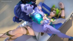 2girls 3d alternate_costume areolae blender breast_grab breasts cote_d'azur_widowmaker earrings ellowas female female_only hoop_earrings mercy nipples overwatch widowmaker winged_victory_mercy yuri