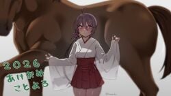 2026 ahoge akebono_(kancolle) animal_penis bell chinese_zodiac clothing_cutout female flower hair_bell hair_between_eyes hair_flower hair_ornament hakama hakama_short_skirt hakama_skirt highres hip_vent horse horse_penis imminent_bestiality japanese_clothes jingle_bell kantai_collection kimono long_hair miko penis purple_eyes purple_hair red_hakama side_ponytail skirt very_long_hair white_kimono wide_sleeves year_of_the_horse yuki_to_hana