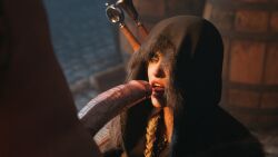 3d big_penis braid cd_projekt_red ciri female freckles green_eyes hood imminent_fellatio imminent_oral kneeling kneeling_oral_position licking_lips light-skinned_female light-skinned_male light_skin looking_at_partner male mascara penis res_(artist) scar sword the_witcher_(series) the_witcher_4 tongue_out white_hair witcher_medallion witcherres