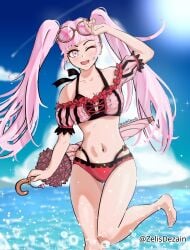 1girls 2d 2d_(artwork) 2d_artwork arm_above_head arm_up bare_belly bare_calves bare_hands bare_hips bare_knees bare_legs bare_midriff bare_navel bare_shoulders bare_skin bare_thighs bare_toes barefoot belly belly_button bikini bikini_bottom bikini_only bikini_top blue_sky blunt_bangs blurred_background blurry_background breasts calves cleavage clouds collarbone day daylight daytime digital digital_art digital_drawing digital_drawing_(artwork) digital_media digital_media_(artwork) drawing elbows exposed_belly exposed_hips exposed_legs exposed_midriff exposed_navel exposed_shoulders exposed_skin exposed_thighs exposed_toes eye_closed feet female female_focus female_only fingernails fingers fire_emblem fire_emblem:_three_houses full_body groin halterneck hand_above_head hand_up head_tilt high_resolution highres hilda_valentine_goneril horizon knees lean_figure legs long_hair looking_at_viewer medium_breasts midriff narrow_waist navel ocean one-eye_closed one_eye_closed one_eye_open open_mouth open_mouth_smile outdoor outdoors outside parted_lips pink-eyed_female pink-haired_female pink_bikini pink_bikini_bottom pink_bikini_top pink_eyes pink_hair pink_hair_female pink_swimsuit pink_swimwear round_glasses sea seaside shoulders sky slender_body slender_waist slim_female slim_waist smile smiley_face smiling smiling_at_viewer solo standing sunglasses sunglasses_on_forehead sunglasses_on_head swimsuit swimwear thigh_gap thighs tilted_head toes tongue twintails twintails_(hairstyle) umbrella upper_teeth water wide_hips zelisdezain