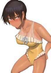 1girls 2d absurd_res black_eyes black_hair blush blush_lines blushing boobs breasts collarbone female female_only hair hi_res highres human kuronami_(lvi) lvi medium_breasts oc original original_character plain_background short_hair simple_background solo solo_female swimsuit swimwear tan tan_body tan_skin tanline tanned tanned_female tanned_skin tomboy very_short_hair white_background