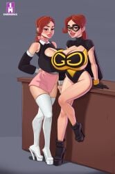 2girls audrey_page bimbo freckles golden_girl high_heels huge_breasts onemienix skimpy_clothes superheroine the_developing_adventures_of_golden_girl