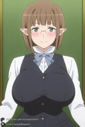1female 1girls 2026 ai_generated artist_name big_ass big_breasts blush bow bowtie breasts brown_hair curvy dungeon_ni_deai_wo_motomeru_no_wa_machigatteiru_darou_ka eina_tulle elf female glasses green_eyes hi_res high_quality high_resolution highres huge_ass huge_breasts large_breasts looking_at_viewer patreon patreon_username pointy_ears shirt short_hair smile solo unjobdespiert upper_body vest watermark