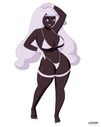 1girls abs big_breasts bikini breasts colored_eyes dark_skin dark_skin_female female female_only gloves hand_on_hip jacinthe_(pokemon) light_hair looking_at_viewer luleivon nail_polish painted_toenails pokemon pokemon_legends pokemon_legends:_z-a posing posing_for_picture posing_for_the_viewer shiny_skin stockings thick_thighs toes yukari_(pokemon)