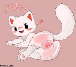 anus blush blush_lines body_blush clitoral_hood domestic_cat felid feline felis female feral fur genitals hi_res humanoid_genitalia humanoid_genitalia_on_feral humanoid_vulva humanoid_vulva_on_feral lying mammal mitsy_(wolps) nekomew_mew on_side open_mouth open_smile pawpads pink_inner_ear pink_nose simple_background smile solo tail thick_thighs tongue vulva vulva_blush white_body white_ears white_fur white_tail