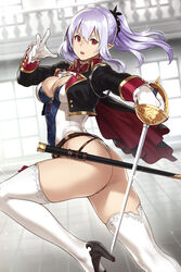 1girls ascot ass boots cleavage elf female female_only gloves hair_between_eyes high_heel_boots highleg_leotard houtengeki indoors jewelry large_breasts leotard long_hair long_sleeves looking_at_viewer medium_breasts open_mouth original pointy_ears ponytail purple_hair rapier red_eyes scabbard solo sword thigh_boots thighhighs weapon white_gloves white_legwear