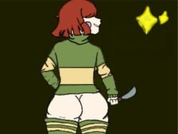 1girls 2d ass big_ass chara color female female_only grin kneehighs knife presenting_ass presenting_hindquarters randotando showing_ass smirk tagme thighhighs undertale undertale_(series)