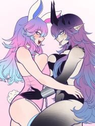 2girls big_breasts blue_eyes blue_hair breasts breasts_squeezed_together bunny_girl bunnysuit cottontail_(vtuber) f0xxieskies female heterochromia huge_breasts indie_virtual_youtuber large_breasts long_hair massive_breasts pink_eyes pink_hair pointy_ears purple_hair rabbit_ears selfcest thick_thighs thighs virtual_youtuber vtuber yuri