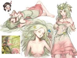 1girls braided_hair breasts chibi chibi_inset closed_eyes dress female fiona_gilman flower flower_in_hair green_eyes green_hair hair_ornament identity_v long_hair lying nipples on_back oofxyphxia reference_image see-through see-through_dress small_breasts smile vera_nair