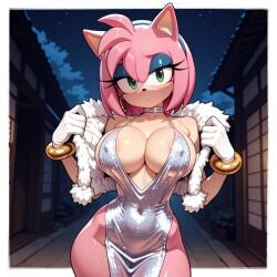 2026 2d ai_generated amy_rose anthro bangs bob_cut choker cleavage eyeshadow fake_breasts fake_tits female fluffy_jacket gloves green_eyes headband hedgehog hoop_earrings large_breasts looking_at_viewer night off_shoulder open_jacket pink_hair plunging_neckline sequin_dress solo sonic_(series) sonic_the_hedgehog_(series) thin_waist wide_hips