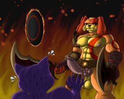 abs absurd_res animal animal_penis anthro balls blade bodily_fluids bottomwear canid canine canine_genitalia canine_penis canis catnap catnap_(poppy_playtime) clothing cosplay critters_(poppy_playtime) dogday dogday_(poppy_playtime) domestic_cat domestic_dog duo felid feline felis general genital_fluids genitalia genitals god_of_war hi_res knot loincloth male male/male mammal meta mob_entertainment muscular nipples no_humans nude pecs penis poppy_playtime precum smiling_critters sony_corporation sony_interactive_entertainment vein wolfgerlion64