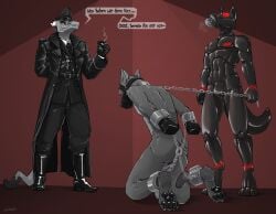 anthro athletic bondage bound canid canine chained chains cigarette clothing dominant dominant_male dragon drone dronification egon_schroeder gas_mask group hat headgear headwear hi_res lowrider-girl male mammal mask military_cap military_uniform mythological_creature mythological_scalie mythology prisoner scalie text translated trio uniform