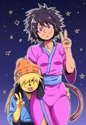 ai_generated black_hair dark-skinned_female dragon_ball fan_character fenel freckles furry_male oc original_character peace_sign red_eyes saiyan saiyan_female short_hair smaller_male smiling tan_skin that_guy9001 tomboy yukata