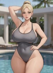 1girls ai_generated arm_behind_head armpits belly_button_visible_through_clothing blonde_hair blurry_background bursting_breasts cel_shading cleavage earrings female grey_clothing grey_eyes grok hair_bun hair_strand hair_tie hand_on_hip large_breasts lipstick lounge_chair mole_on_breast monokini nipple_outline one_hand_on_hip palm_leaf pelvic_line poolside rgomez007 sideboob smiling_at_viewer solo_female swimming_pool swimsuit thick_thighs updo wide_hips