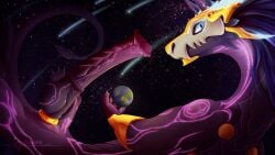 16:9 absurd_res accessory animal_genitalia animal_penis aroused big_penis bone bone_mask cock_ring dragon equine_genitalia equine_penis erection feral genitals glowing hi_res hyper jewelry knot looking_at_viewer male mask mythological_creature mythological_scalie mythology novalis nude penis penis_accessory penis_jewelry planet scalie skull skull_mask solo space tail widescreen