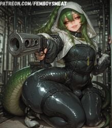 1boy ai_generated alternate_body_type arknights arknights:_endfield ass balls big_ass big_eyes bimbo black_bodysuit bulge curvy fat fat_ass femboy femboy_only femboysmeat femboysub fit fluorite_(arknights:_endfield) genderswap_(ftm) hips hood hood_up latex latex_suit lizard lizard_girl lizard_tail long_hair makeup male male_only otoko_no_ko penis ponytail sissy sissyfication small_breasts small_penis solo solo_femboy solo_male tail thighs white_hood wide_hips