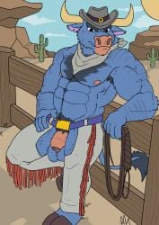 2026 abs absurd_res anthro arm_hair armpit_hair armpit_tuft aroused aroused_face aroused_male aroused_smile balls barazoku bedroom_eyes belly_hair belt biceps big_muscles big_pecs black_armpit_hair black_chest_hair black_pubes blue_belt blue_body blue_clothing blue_fur blue_sky body_hair bovid bovine cactus cattle chaps chest_hair clothed clothing cloud cloudy_sky cowboy cowboy_hat cowboy_outfit desert desert_background erection fence fencepost flirting flirting_look flirting_with_viewer frown frown_eyebrows frowning_at_viewer fur genitals grey_chaps grey_clothing grey_hat grey_headwear grey_kerchief grey_neckerchief happy_trail hat headgear headwear hi_res hooves horn kerchief leaning leaning_backward leaning_on_fence looking_at_viewer male male/male mammal manly muscular muscular_anthro muscular_arms muscular_male muscular_thighs narrowed_eyes nature nature_background neckerchief neckwear nipples old_west outside pecs penis plant pose potheplatypus presenting presenting_body presenting_pecs presenting_penis pubes seducing_viewer seductive showing_off_muscles sky solo stern stern_look sun tail the_dakota_dude thick_arms thick_thighs topless topless_anthro topless_male wide_stance wild_west wild_west_c.o.w.-boys_of_moo_mesa