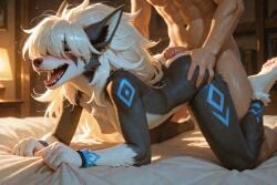 1boy 1girls ai_generated anthro_female anthro_on_human big_hair canid dog_girl female generation_3_pokemon hair_covering_eyes human_male human_on_anthro hyena_girl mightyena original_character paya_(scorpianpp) pokemon pokemon_(species) scorpianpp self_upload short_girl stable_diffusion straight_sex white_hair