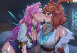 2girls ai_generated anime_coloring aurora_(league_of_legends) bedroom brown_hair curvy curvy_female curvy_figure girls_only hot hourglass_figure huge_breasts indoors large_breasts league_of_legends lesbian_sex mature_female night pink_hair seraphine_(league_of_legends) sexy shiny shiny_skin stickyai thick thick_ass thick_thighs yuri