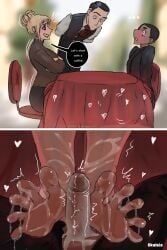 1girls 2boys casual clothed clothing comic couple couple_(romantic) cum cum_on_feet dialogue feet foot_fetish foot_focus footjob footjob_under_table fully_clothed hi_res okaleia original original_artwork original_character romantic speech_bubble spreading_toes tagme toe_spread under_the_table