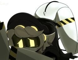 1boy 1male ass ass_up bent_over black_coat black_hat blush clanker coat disassembly_drone embarrassed femboy glitch_productions half_naked hat lawgx looking_back male male_only murder_drones n_(murder_drones) robot serial_designation_n solo wide_hips yellow_eyes