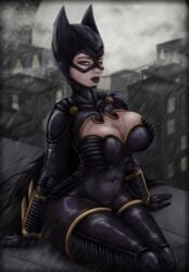 1girls barbara_gordon batgirl batman_(series) big_breasts black_lipstick boob_window breasts cleavage cleavage_cutout cleavage_window clothed clothing_wrinkle dc female female_only goth impracticalart large_breasts looking_at_viewer mascara rain sitting solo water wet