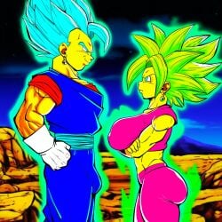 ai ai_art ai_assisted ai_generated annoyed arms_crossed ass aura big_ass big_breasts big_titties blue_eyes blue_hair breasts bulge dragon_ball dragon_ball_super dragon_ball_z erection facing_each_other fusion fusion_character gloves green_hair huge_ass huge_breasts kefla kefla_(dragon_ball) martial_arts_uniform muscular night outdoors pants pink_topwear potara_earrings potara_fusion saiyan saiyan_female saiyan_male side_profile smile smirk super_form tekan4982 thick_thighs titties topwear vegito white_gloves yellow_skin