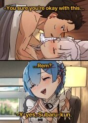 1boy 2girls blue_hair blue_hair_female blush blush_lines clothed clothed_female clothing cuckquean emilia_(re:zero) english english_text half-elf mayngomay meme naked naked_female naked_male natsuki_subaru nude nude_female nude_male re:zero_kara_hajimeru_isekai_seikatsu rem_(re:zero) tagme text white_hair white_hair_female