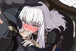 1boy 1girls apoelayoshi7 ass blowjob byleth_(fire_emblem) byleth_(fire_emblem)_(male) eyebrows_visible_through_hair fellatio female fire_emblem fire_emblem:_three_houses garreg_mach_monastery_uniform hair_between_eyes long_hair long_hair_female lysithea_von_ordelia under_the_table white_hair