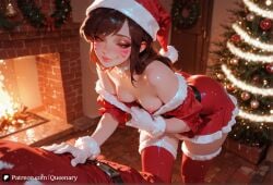 1boy 1girls ai_generated artist_name breasts brown_eyes brown_hair christmas closed_mouth d.va exposed_breasts female female_on_cloth long_hair male muscular navel nude overwatch patreon pussy queenary sex sex_from_behind short_hair squatting standing straight web_address
