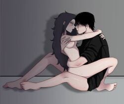 1boy 1girls blush boobs breasts breath dark_hair hug mama_shalfeyca wet_body