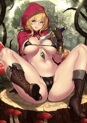 ass between_breasts bikini blonde_hair blue_eyes boots breasts cameltoe cloak dagger female female_only gloves high_heels hood houtengeki large_breasts looking_at_viewer navel original outdoors outside smile solo spread_legs swimsuit tongue tongue_out underwear weapon