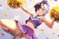 1girls female heterochromia indie_virtual_youtuber multicolored_hair rin_penrose virtual_youtuber ai_generated naticai black_hair white_hair ponytail crown cheerleader cheerleader_uniform cheerleader_outfit upskirt idol_corp no_panties nopan pussy bottomless pubic_hair