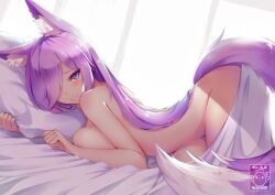 1girls 2d 2d_(artwork) 2d_artwork arm_covers_breast bed bed_covers bedroom bedroom_setting bedsheets dirtykuro female fox_ears fox_girl fox_tail foxykuro gainoob kuro_(foxykuro) looking_at_viewer naked naked_female partially_covered pillow pillow_grab purple_eyes purple_hair purple_tail two-tone_tail white_tail