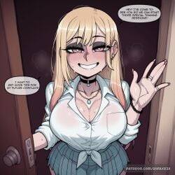 ai_generated aqua_skirt barbell_piercing beads black_choker blonde_hair blush bracelet breasts choker cleavage collared_shirt door doorway ear_piercing earrings eyeshadow fake_nails female fingernails gradient_hair grin jewelry kitagawa_marin large_breasts long_hair looking_at_viewer makeup multicolored_hair necklace netorare open_door piercing pink_eyes pink_nails pleated_skirt pov_doorway red_eyes ring school_uniform shirt skirt smile sofaxd3x solo sono_bisque_doll_wa_koi_wo_suru speech_bubble sweat teeth tied_shirt waving white_shirt