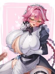1boy 1girls after_paizuri apron bell bell_collar bigbreasts blush braided_twintails breasts chattino_(raora_panthera) cleavage clothed_female cum cum_in_breasts cum_on_breasts cum_outside cum_trail dress fangs feline_humanoid frilled_apron glasses hair_clip heart holding_breasts hololive hololive_english hololive_english_-justice- hoqn hoqn1108 huge_breasts kemonomimi looking_at_penis maid maid_headdress maid_uniform on_knees open_shirt open_topwear penis pink_hair raora_panthera raora_panthera_(maid) ribbon spreading_breasts thick_thighs thigh thighhighs thighs twintails under_boob virtual_youtuber yellow_eyes