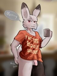 absurd_res aka_meyneth anthro balls blurred_background blush blush_lines bottomless circumcised clothed clothing container cup fat_tits_big_gut_uncut fur genitals harengon hi_res holding_container holding_cup holding_mug holding_object holidays inle_(aka_meyneth) lagomorph leporid looking_at_viewer male mammal meme meme_clothing mug penis rabbit red_eyes scratching_butt seductive shirt solo text tongue tongue_out topwear valentine's_day white_body white_fur