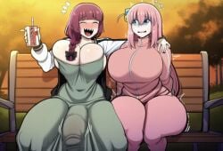 1girl1futa ai_generated big_ass big_balls big_breasts big_penis bocchi_the_rock! bulge_through_clothing dickgirl_on_female dress futanari huge_breasts huge_cock shemale sweating