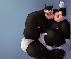 anthro ballbusting bulge clothing cock_and_ball_torture disney duo father father_and_son feline gay goof_troop male male_only mammal overweight parent peter_pete_sr. pj_(goof_troop) son sugarscissor underwear